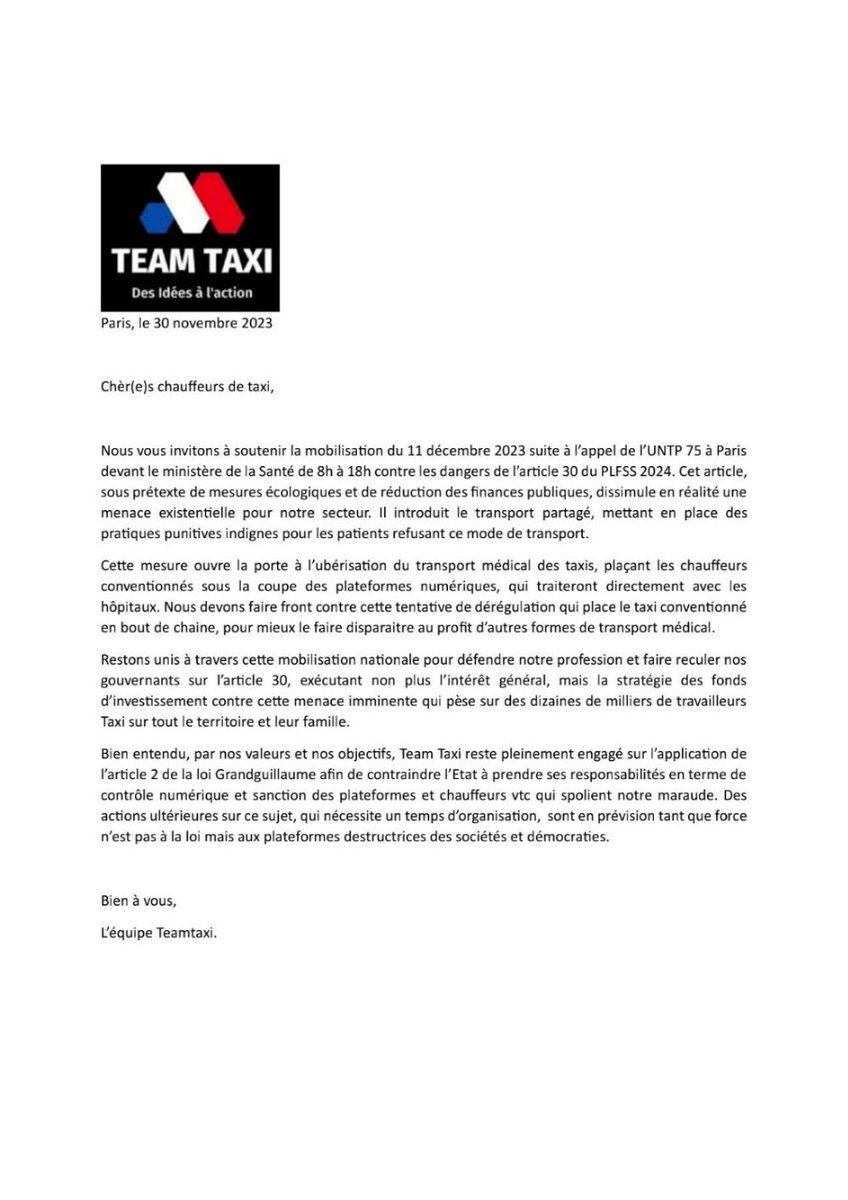 TaxiParisien11's tweet photo. Team Taxi s'oppose à l'uberisarion du transport medical et soutient la mobilisation du 11 Decembre 2023 à partir de 8h devant le ministere de la Santé à Paris. La santé n'est pas une marchandise de plateforme

#teamtaxi
#transportpartagé
#article30plfss https://t.co/OwxtAekBte