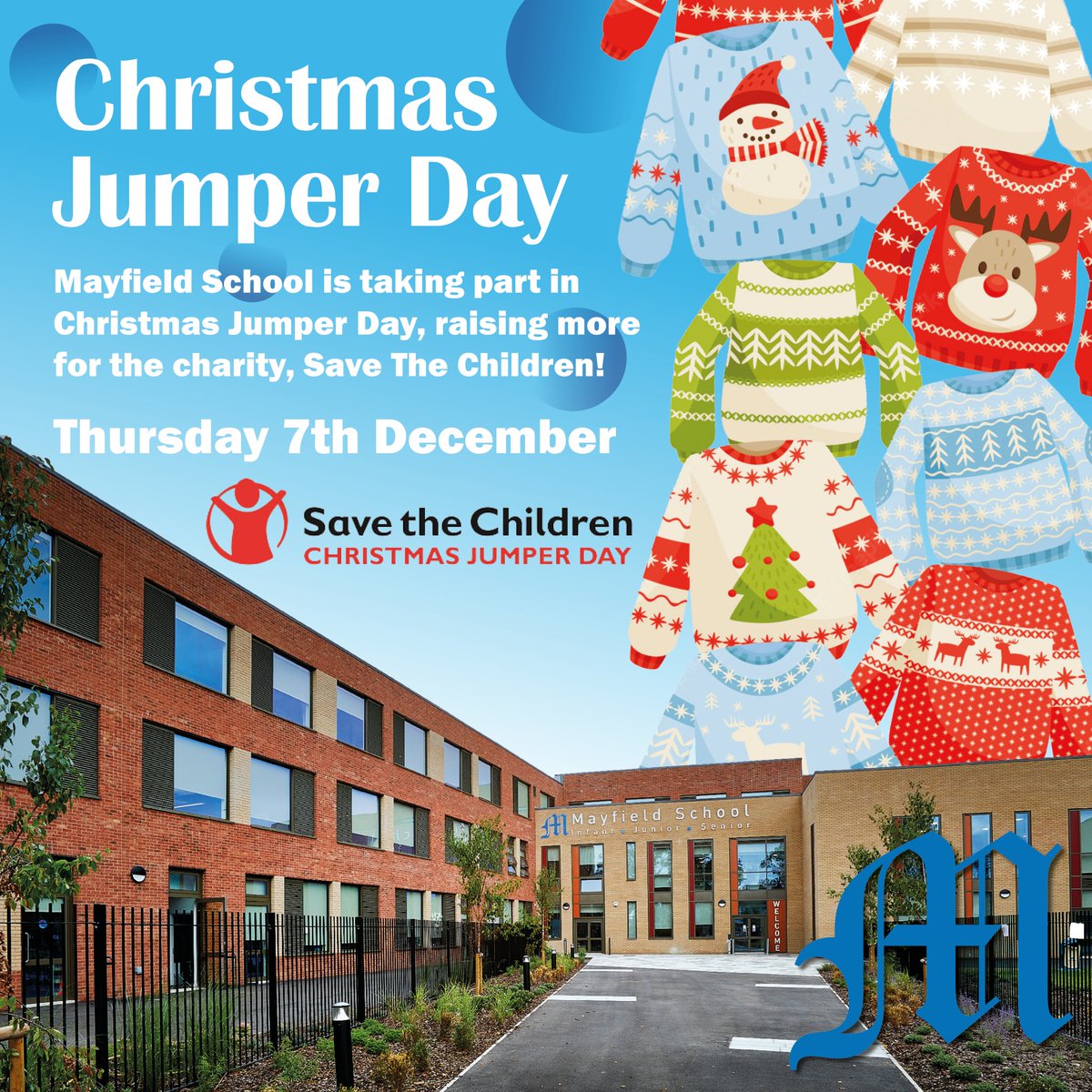 𝐂𝐡𝐫𝐢𝐬𝐭𝐦𝐚𝐬 𝐉𝐮𝐦𝐩𝐞𝐫 𝐃𝐚𝐲 𝟐𝟎𝟐𝟑 🎅

We are taking part in Christmas Jumper Day, raising money for the charity, Save The Children! All pupils can wear a Christmas jumper over the top of your shirt and tie with a donation of £1.

Take a look at our FB post for more.