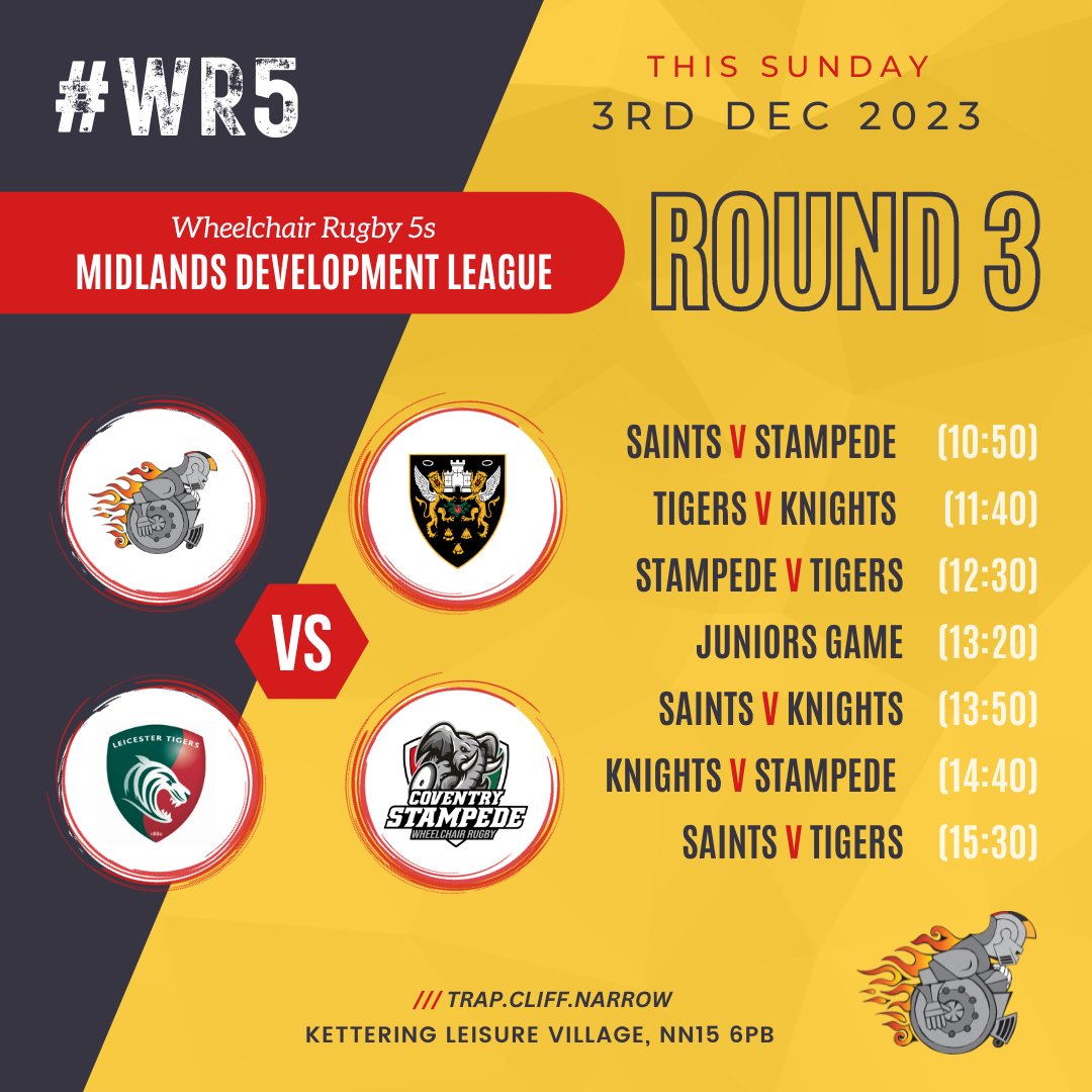 MIDLANDS DEVELOPMENT LEAGUE 🏐🏆 

This weekend we attend Round 3 of this years WR5s Midlands Development League (MDL) playing against Northampton Saints ( <a href="/SaintsComm/">Northampton Saints Community</a> ), Leicester Tigers ( <a href="/TigersWR/">Leicester Tigers Wheelchair Rugby</a> ) and Coventry Stampede (<a href="/CoventryRugby/">Coventry Rugby</a>)  

 #GBWR #WheelchairRugby #WR5s #MDL