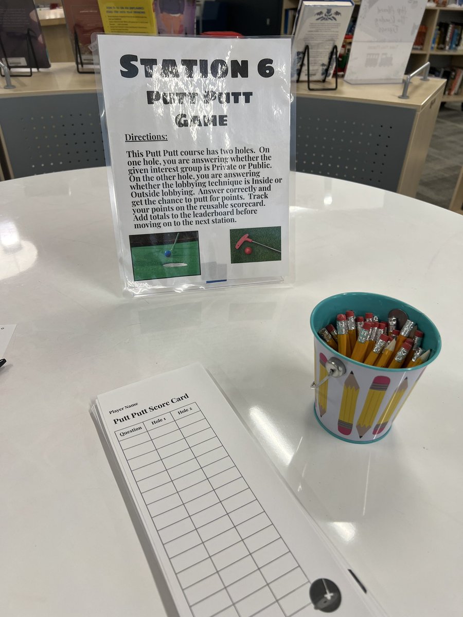 LibraryWmhs's tweet image. Government stations in the library today - my favorite might be our Putt Putt Game.