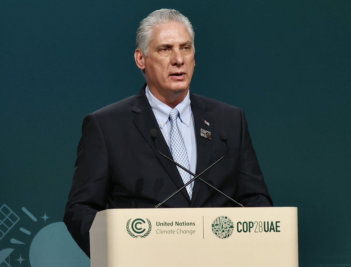 PresidenciaCuba's tweet photo. 🇨🇺| “El derecho de la humanidad a existir debe ser la motivación principal de nuestras discusiones”, expresó el Presidente @DiazCanelB al intervenir en la Cumbre de Acción Climática, que tiene lugar en Emiratos Árabes Unidos, como parte de la #COP28.

🧵 https://t.co/a6NajHZmnn