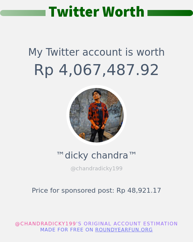 chandradicky199's tweet photo. Nilai Twitter Saya adalah: Rp 4,067,487.92

➡️ https://t.co/BOZHv8ommk https://t.co/n75qhh8BqF
