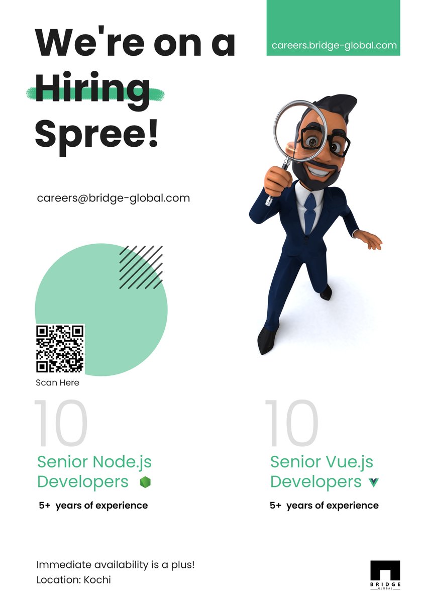Bridge_Tweed's tweet image. We&apos;re hiring experienced Node.js and Vue.js Developers! Immediate joiners are preferred. Check careers.bridge-global.com for details. Send CVs to careers@bridge-global.com!

#HiringNow #HiringAlert #nodejsdeveloper #vuejs #jobvacancy_alert  #jobopportunity  #jobopening