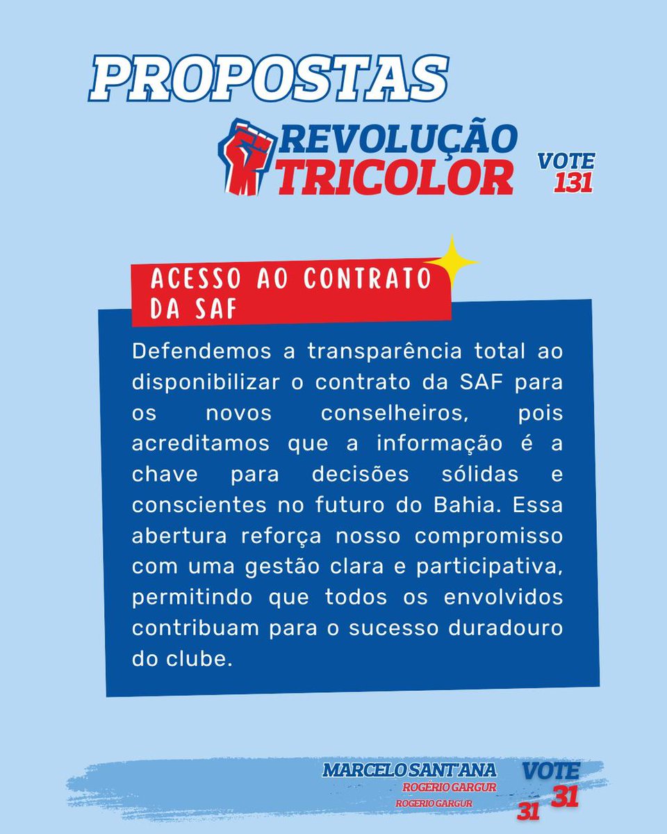 Para termos um Bahia FoRTe é essencial a atuação da Revolução Tricolor no Conselho Deliberativo.

Veja as propostas da RT para o clube!

#PropostasdeMS
#MS31
#RT131
#BBMP
#BoraBotarMarceloPresidente
#BahiaFoRTe