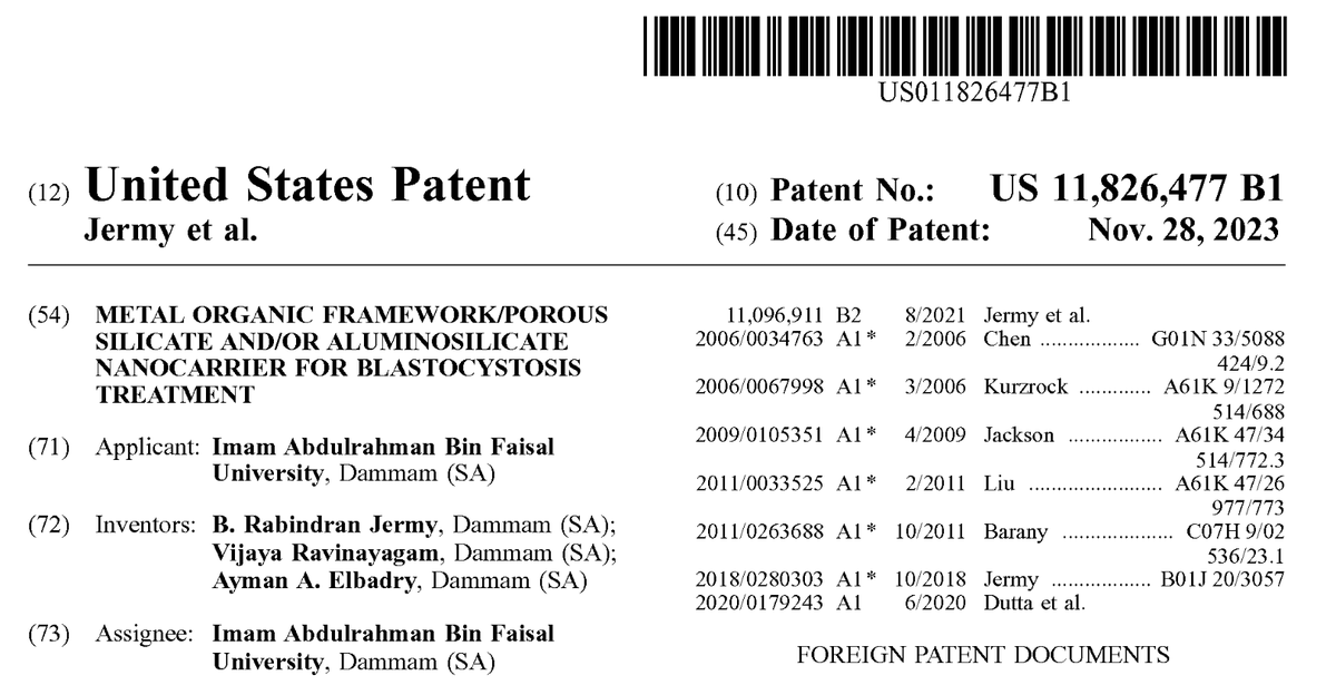 All thanks are given to Allah, I obtained a Patent (US 11826477 B1) from the US patent center “Metal-Organic Framework/Porous Silicate and/or Aluminosilicate nanocarrier for Blastocystis treatment”
image-ppubs.uspto.gov/dirsearch-publ…