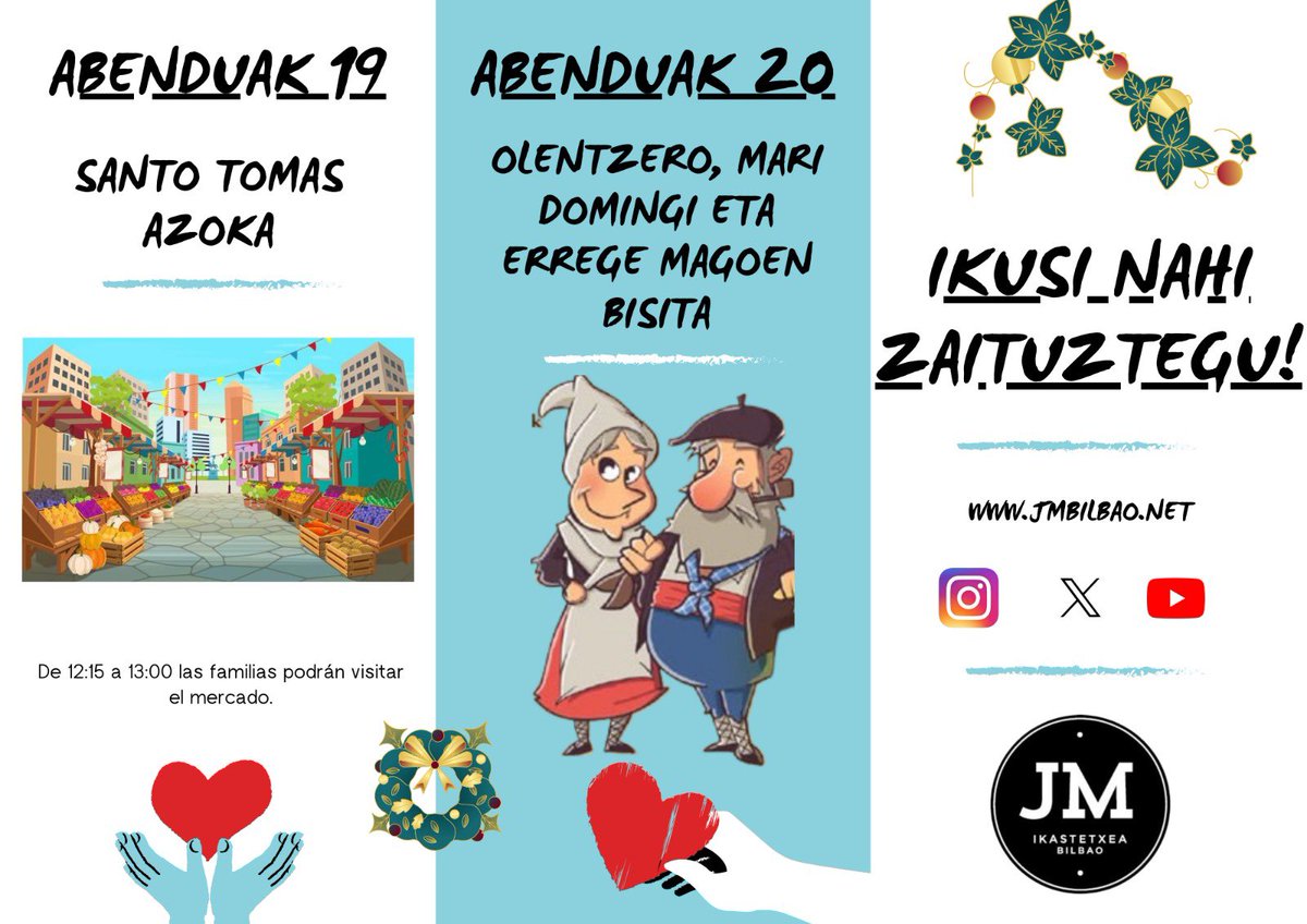 JMBikastetxea's tweet photo. 🗓️ABENDUALDIKO BOLETINA 

Animatu eta parte hartu! 🫂🎄

 #jmbilbao #diciembre #abendua #recogidadealimentos #olentzeroetamaridomingi #reyesmagos #madeinkristaueskola https://t.co/vQTv7m5qC2