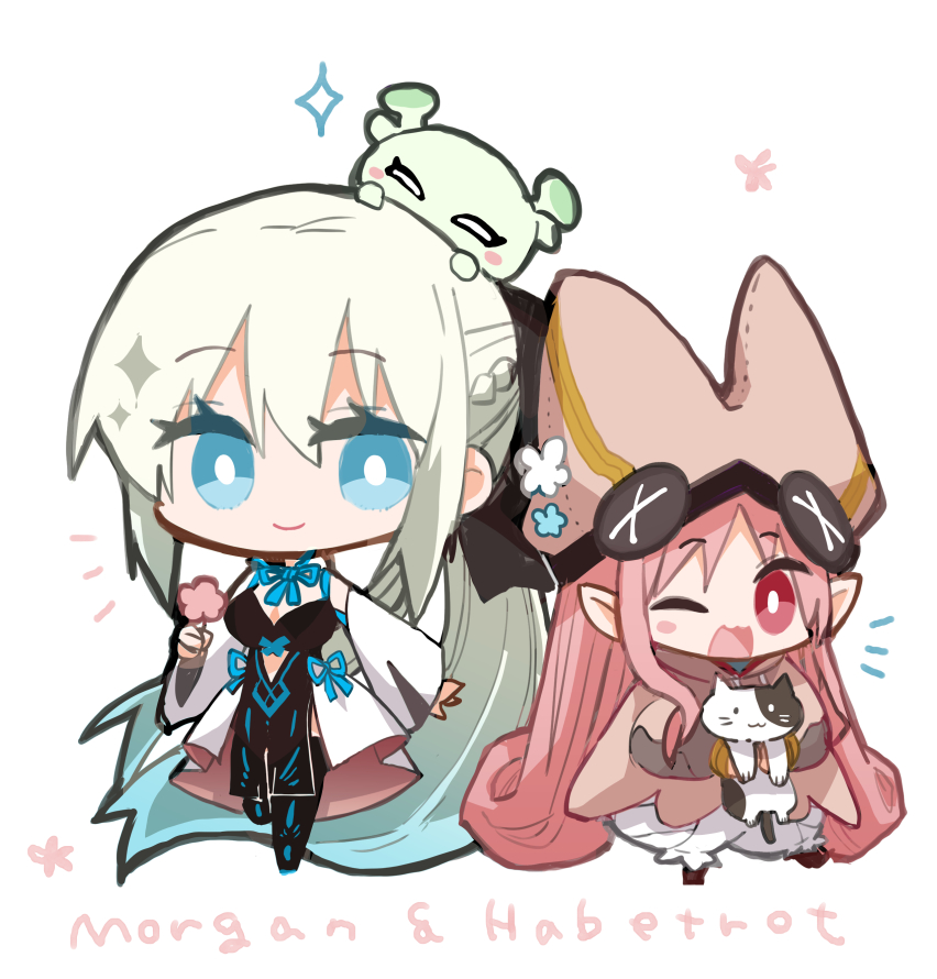 morgan le fay (fate) multiple girls 2girls pointy ears one eye closed blue eyes pink hair chibi  illustration images