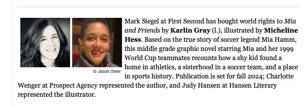 My next book—a graphic novel illustrated by #MichelineHess ⚽️ Mia and Friends: Mia Hamm and the Soccer Sisterhood that Changed History I wrote this book for the girls who play up, the women who lift up, & the friends who always show up. Coming August 2024 us.macmillan.com/books/97812508…