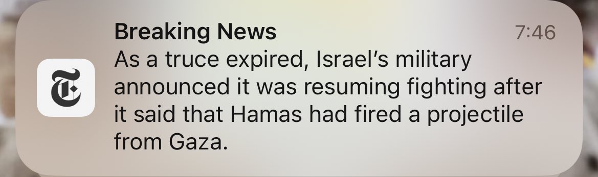Let’s put this headline in chronological order: FIRST Hamas “fired a projectile” from Gaza, THEN the truce expired, then Israel resumed the military campaign. The order is 3,1,2.