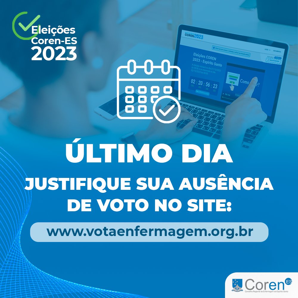 Coren_ES's tweet photo. ÚLTIMO DIA! ⚠️

O profissional que não votou nas Eleições Coren-ES 2023 deve apresentar a justificativa de ausência do voto diretamente no site https://t.co/DXfz2enyUd. https://t.co/wihyhUtzbG