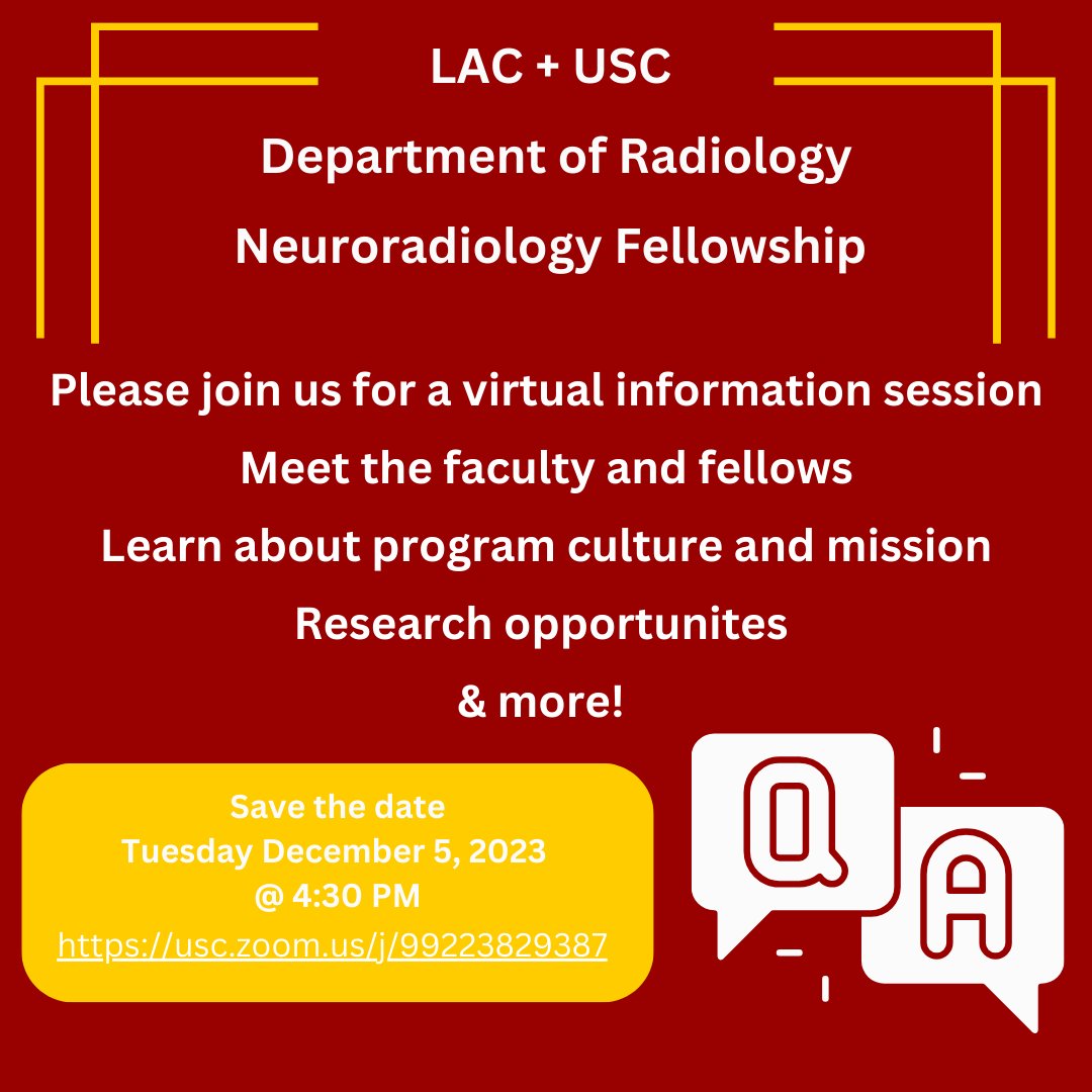 LAGEN-USC Neuroradiology (@laguscneurorads) on Twitter photo #ACGME #Neuroradiology #FellowshipApplicants
Please join us for a virtual information session this upcoming Tuesday, December 5, 2023 @ 4:30 PM
usc.zoom.us/j/99223829387
<a href="/TheASNR/">The American Society of Neuroradiology</a> <a href="/The_ASPNR/">American Society of Pediatric Neuroradiology</a> @ASHNRsociety <a href="/ACRRFS/">ACR RFS - We've Moved! Follow @RadiologyACR.</a> <a href="/RSNA/">RSNA</a> #RadRes #RadFellow #Radiology #ACGME #Neuroradiology #FellowshipApplicants
Please join us for a virtual information session this upcoming Tuesday, December 5, 2023 @ 4:30 PM
usc.zoom.us/j/99223829387
<a href="/TheASNR/">The American Society of Neuroradiology</a> <a href="/The_ASPNR/">American Society of Pediatric Neuroradiology</a> @ASHNRsociety <a href="/ACRRFS/">ACR RFS - We've Moved! Follow @RadiologyACR.</a> <a href="/RSNA/">RSNA</a> #RadRes #RadFellow #Radiology