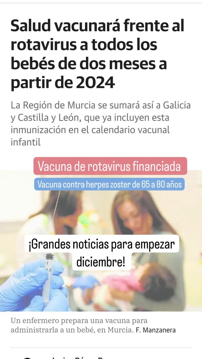 Grandísimas noticias para empezar el mes de diciembre.
Murcia en la cabeza de los calendarios vacunales a lo largo de toda la vida.
@
#Vacuna
#Rotavirus
#HerpesZoster 
#Vacunas