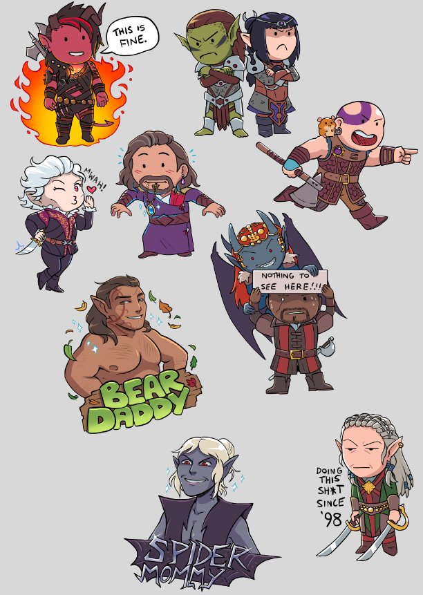 darthmongoose's tweet image. Finished up the remaining two party members. You'll be able to buy minthara and ageing millennial mood Jaheira stickers from us very soon!
