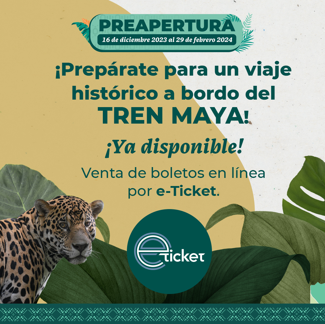 ¡La espera ha terminado! Los boletos del Tren Maya ya están a la venta y los podrás comprar en línea en e-Ticket, eticket.mx/trenmaya ¡Se parte de la historia de México y viaja en el Tren Maya! #TuViajeComienzaEnElTrenMaya #TodosSomosTrenMaya