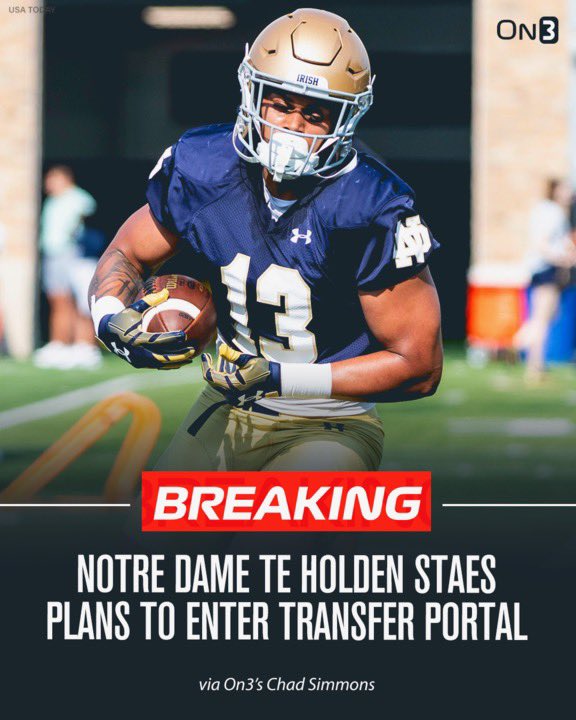 NEW: Notre Dame TE Holden Staes has entered the Transfer Portal. The former 4-star TE out of Atlanta Westminster has two years of eligibility remaining. on3.com/transfer-porta…