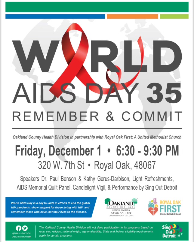 Join our #RollUp partners at the Oakland County Health Division as they honor World AIDS Day 35 - Remember And Commit, taking place tonight (Friday, December 1) from 6:30 PM to 9:30 PM at 320 W. 7th St, Royal Oak, MI 48067.