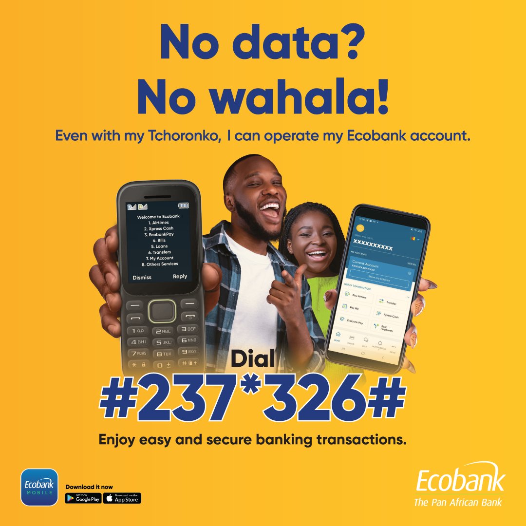 EcobankCameroun's tweet photo. No Data? No Wahala!
Transact seamlessly with Ecobank Mobile USSD services. Simply dial #237*326# to access convenient and secure digital banking services, anytime and anywhere.
Get started now! Available on all mobile networks in Cameroon.
#DigitalBankingService https://t.co/WFKcGVUlkI