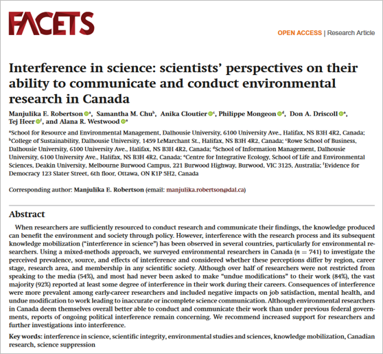 EIUI_Dal's tweet photo. #EnvironmentalResearchers produce valuable information that can support #DecisionMaking by the public &amp; #politicians. #Interference in research &amp; communication can be problematic as Robertson et al. @AnikaCloutier @philippemongeon report in @FACETSJournal https://t.co/JrHEvgwvke https://t.co/8J6AZCT62R