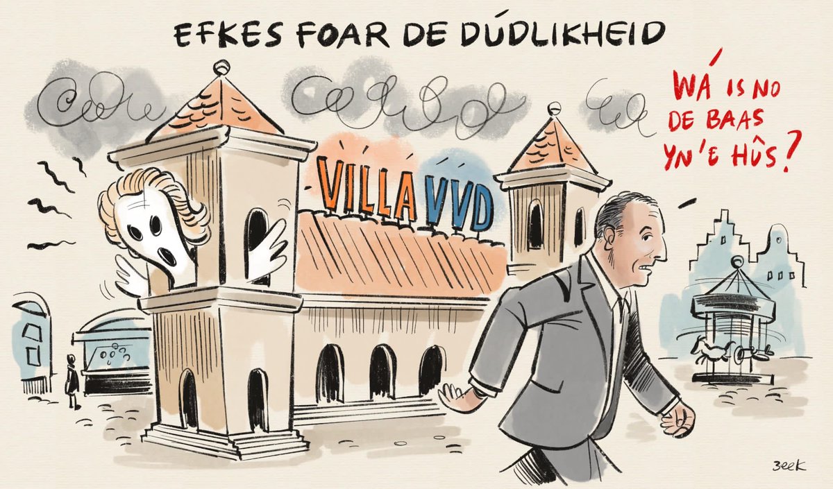 De cartoon fan ⁦<a href="/GercovanBeek/">Gerco van Beek</a>⁩ mei Eric ter Keurs ⁦<a href="/VVDFryslan/">VVD Fryslân</a>⁩ oer de muoiseme foarming fan it nije kabinet -en de koers fan syn eigen partij ⁦<a href="/OmropFryslan/">Omrop Fryslân</a>⁩