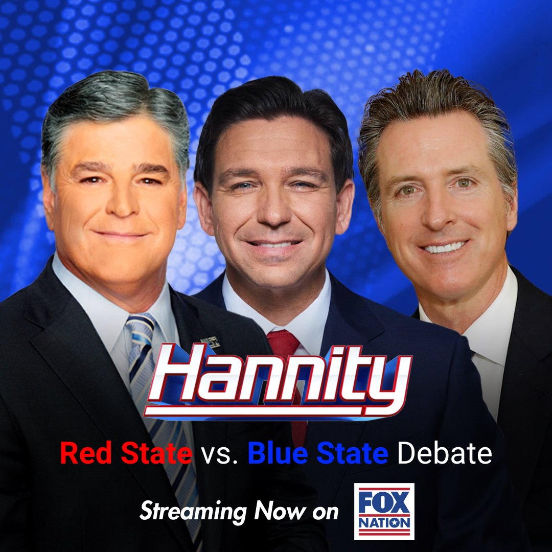 foxnation's tweet photo. Missed the big debate last night? Catch the full DeSantis vs. Newsom debate now on Fox Nation! #PrimetimeAllTheTime #Hannity Watch here: https://t.co/WHiysi0pCK https://t.co/uUypteEayg