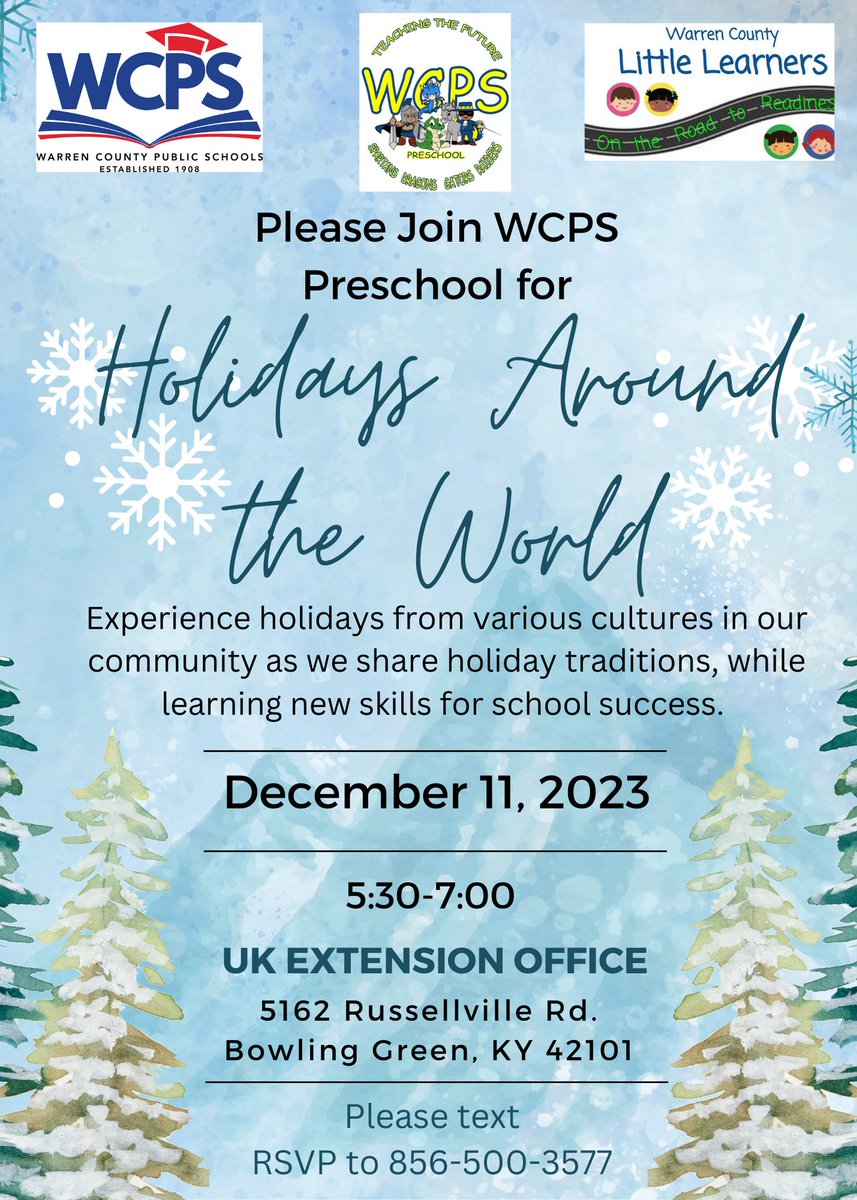 We are excited to be able to share this learning experience for the second year for our WCPS Preschool and Little Learners families. Come visit and learn about many holiday traditions that are celebrated around the world!