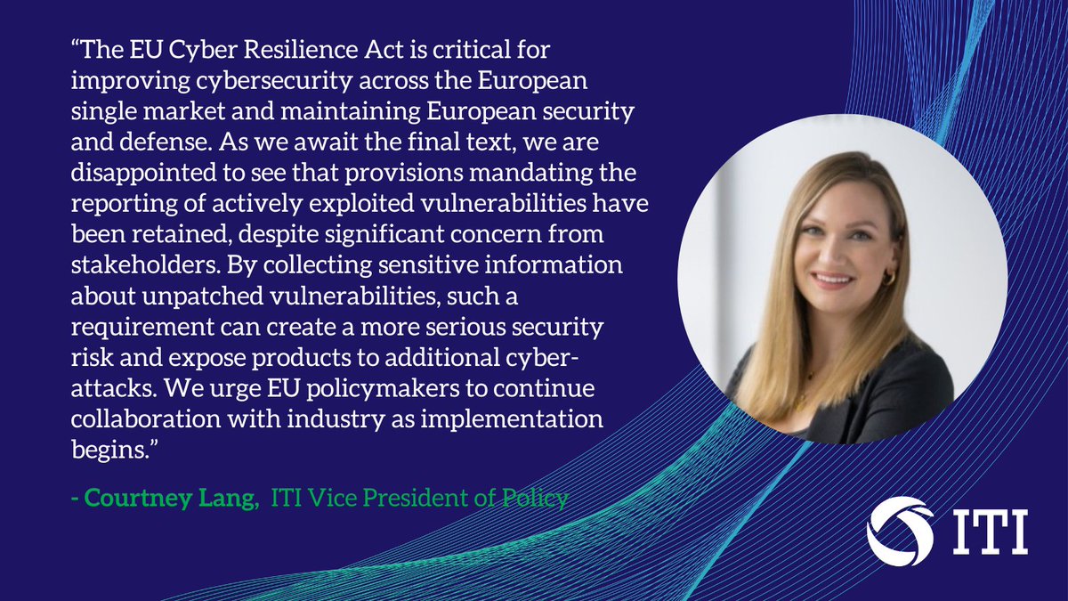 Today, #EU policymakers concluded trilogues on the EU #CyberResilienceAct - landmark legislation that will harmonize European #cybersecurity. ITI Vice President of Policy @courtneylang1 reacted to the development ⬇️