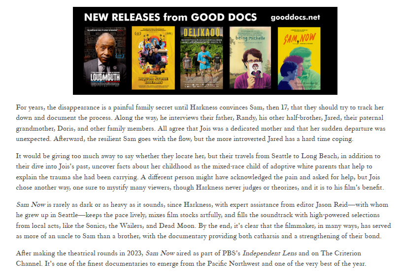 kcfennessy's tweet image. I reviewed @SamNowMovie, one of the best documentaries to emerge from the PNW. It's streaming via @criterionchannl, among other sources. Many family stories can be fascinating, but only so many are told as skillfully as this one. @seattlecritics

Link: tinyurl.com/4hvdjx36