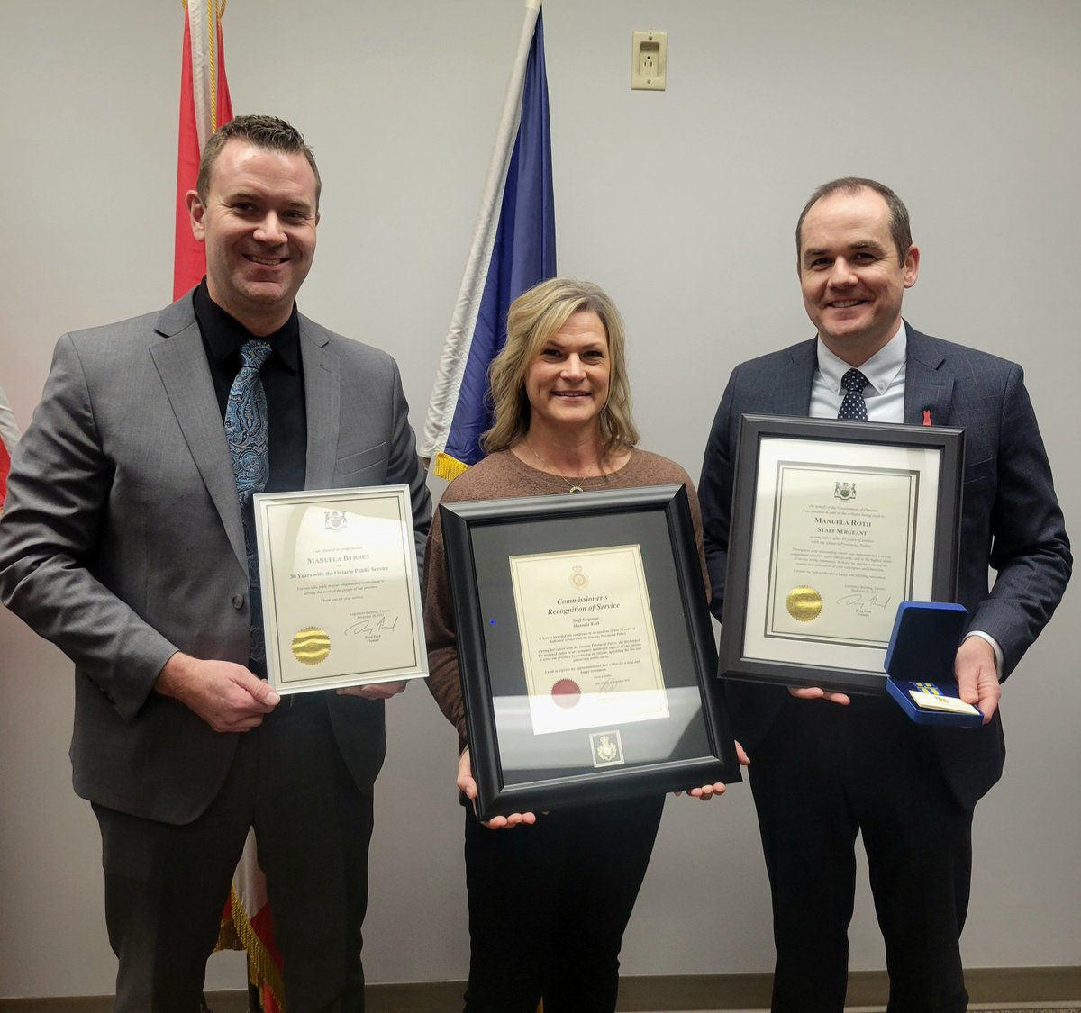 OPP_NER's tweet photo. A/Superintendents Sturgeon and Maville had the pleasure of attending #SSMOPP to present PC's Madsen, Huckson, Sgt. Posteraro and Ret’d S/Sgt. Roth w/ citations, commendations, and retirement awards. Ret’d S/Sgt. Roth was also presented her retirement badge by her nephew, PC Roth. https://t.co/iXAVgJtxNW
