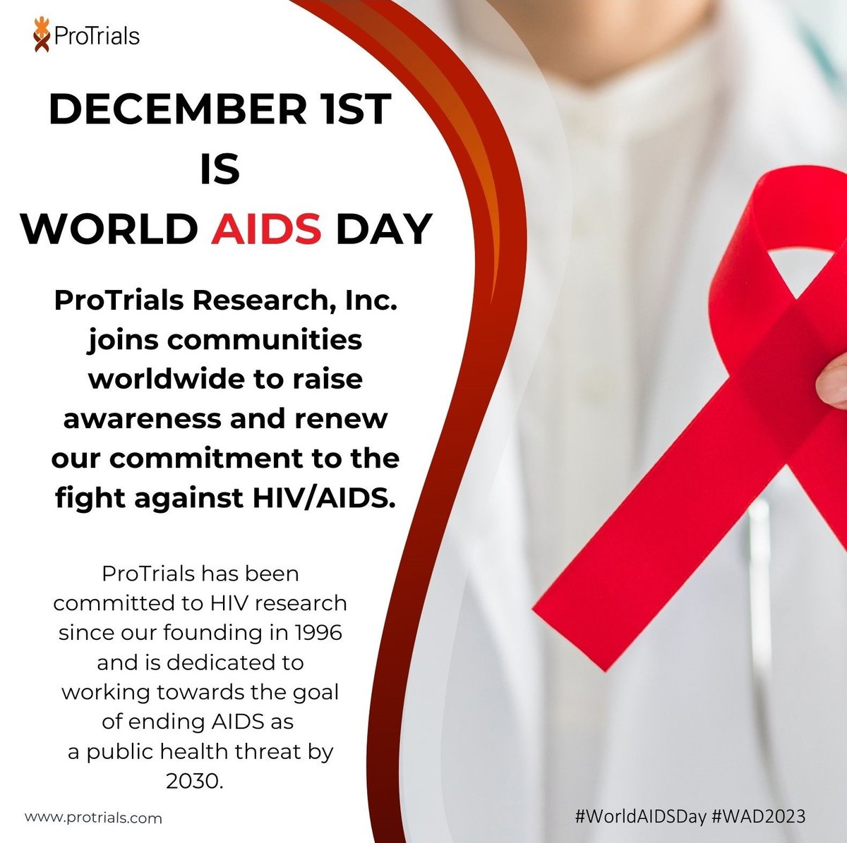 ProtrialsCRO's tweet photo. ProTrials Research Inc. joins communities worldwide to raise awareness and renew our commitment to the fight against HIV/AIDs.
https://t.co/mIhygX9qRw
#WorldAIDSDay #WAD2023 #AIDSresearch https://t.co/eyxme8VPmb