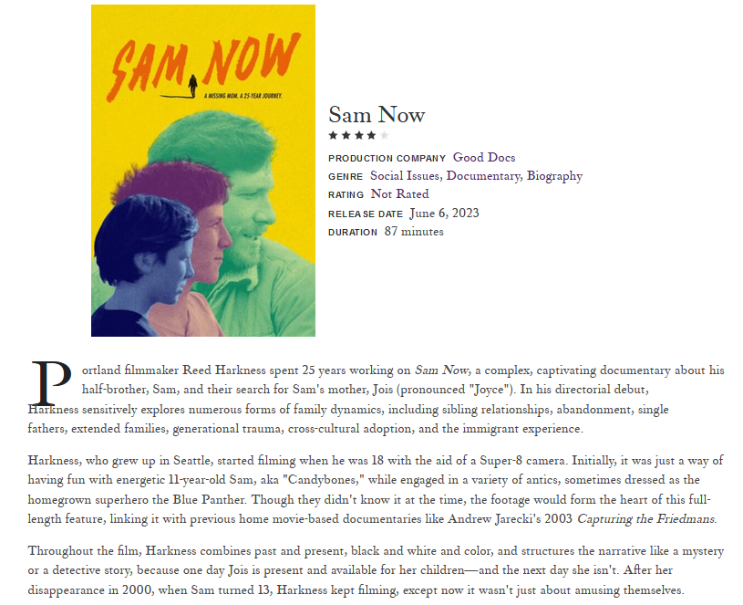 kcfennessy's tweet image. I reviewed @SamNowMovie, one of the best documentaries to emerge from the PNW. It's streaming via @criterionchannl, among other sources. Many family stories can be fascinating, but only so many are told as skillfully as this one. @seattlecritics

Link: tinyurl.com/4hvdjx36