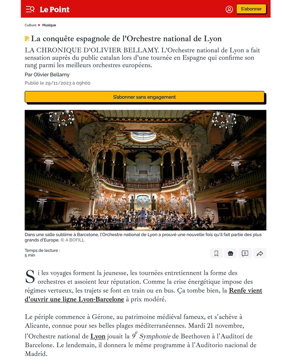 #presseLAO 🗞️ « L’Orchestre national de Lyon a fait sensation auprès du public catalan lors d’une tournée en Espagne qui confirme son rang parmi les meilleurs orchestres européens. » <a href="/LePoint/">Le Point</a> ✍️ Olivier Bellamy

#OrchestrenationaldeLyon #onlylyon #lyon