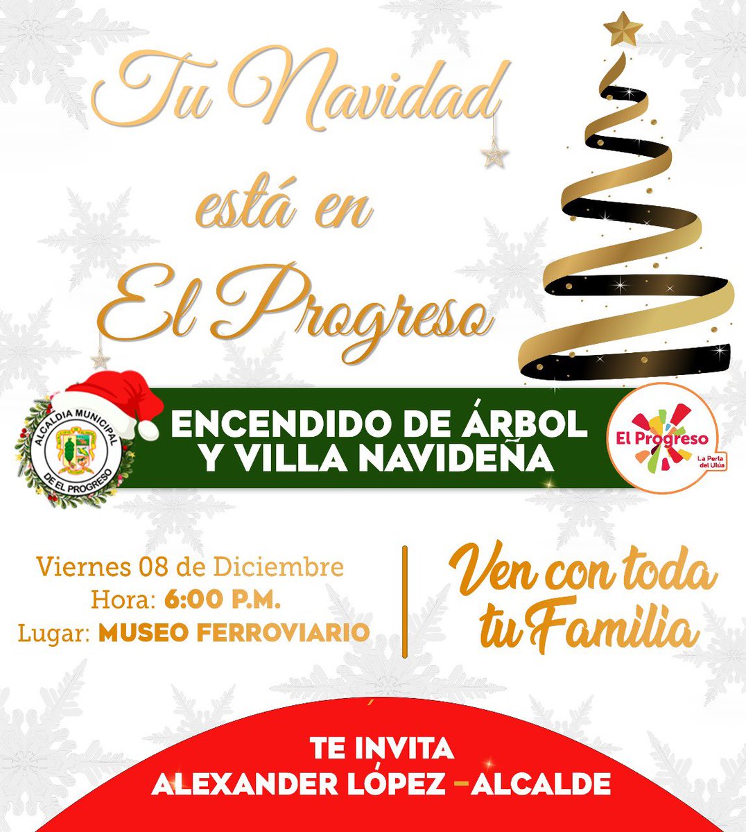 munielprogreso's tweet photo. ¡Prepárate para vivir una explosión de luces y alegría! 🎉 
Este 8 de diciembre, El Progreso , La Perla del Úlua , Ciudad Bonita, se iluminará con el fascinante encendido del árbol y la apertura de la espectacular Villa Navideña en el Museo Ferroviario. https://t.co/zvwNMQLCQn