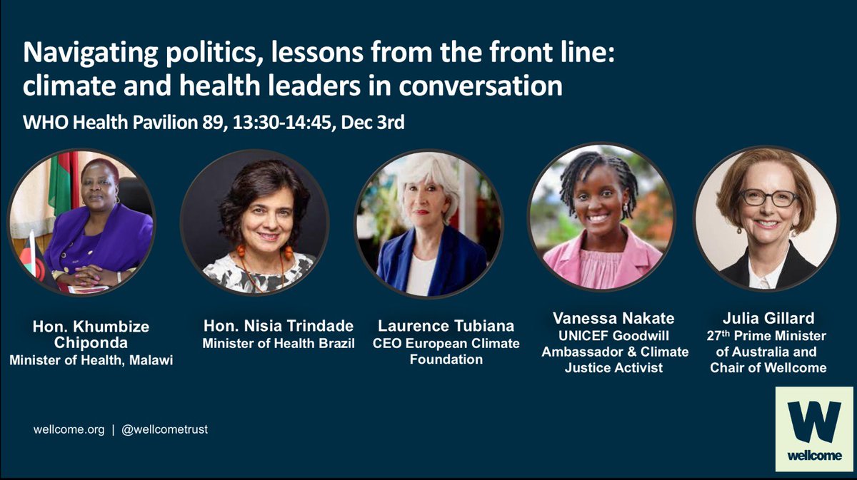 Join <a href="/wellcometrust/">Wellcome</a> <a href="/COP28_UAE/">COP28 UAE</a> for what will be a brilliant panel debate chaired by <a href="/JuliaGillard/">Julia Gillard</a>: Navigating politics, lessons from the front line.  Sunday 3rd December 2023; 13:30 in the WHO Health Pavilion (B7, 89).  See you there!