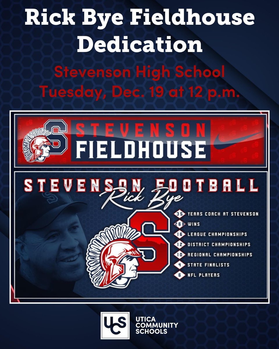 SHSTitansfball's tweet photo. Join us as we dedicate the Stevenson Fieldhouse in honor of Coach Rick Bye. December 19 @ 12:00 PM. The event is free and open to the public. No RSVP is required. 🏈 https://t.co/i7mu0S2EN7