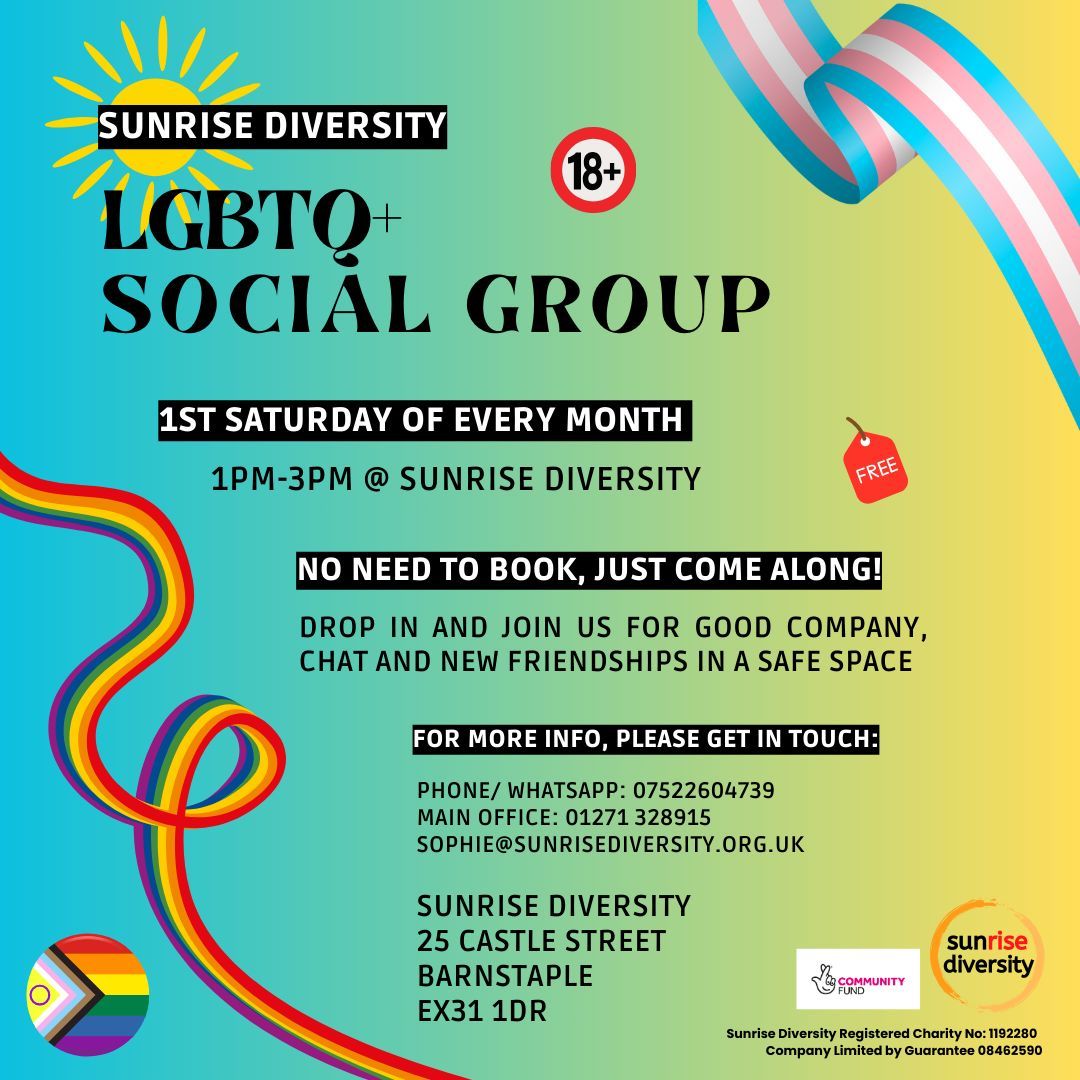 Come along to our centre in Barnstaple this Saturday afternoon, 2nd December! A safe space for all local LGBTQ+ folk to meet others and have a cuppa in a relaxed environment. We will also be providing materials for an optional placard making craft activity this month.