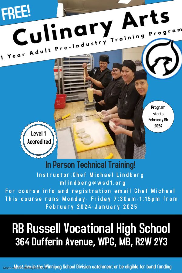 R. B. Russell HS (@rbrussellhs) on Twitter photo Our Culinary Arts Adult program is accepting applications for the upcoming level 1 accredited course. This 10 month course runs Monday-Friday 730am-115pm. If interested email Chef Michael at mlindberg@wsd1.org for more information.
@WinnipegSD Our Culinary Arts Adult program is accepting applications for the upcoming level 1 accredited course. This 10 month course runs Monday-Friday 730am-115pm. If interested email Chef Michael at mlindberg@wsd1.org for more information.
@WinnipegSD