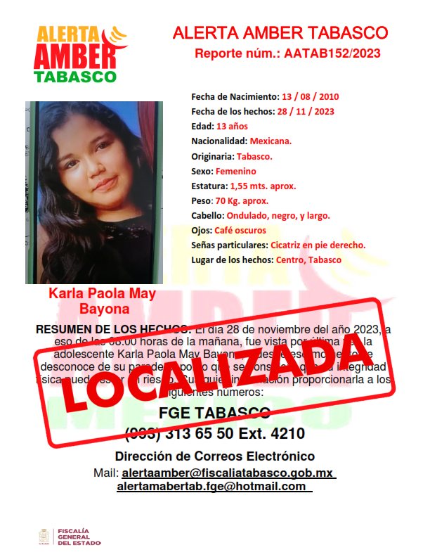 Personas Desaparecidas  Tabasco, desactiva cédula de alerta amber a nombre de la adolescente KARLA PAOLA MAY BAYONA.