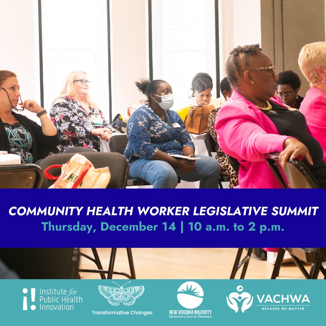 InstitutePHI's tweet photo. Are you a community health worker (CHW) or #CHW ally/advocate living in VA? Do you want to leverage your voice for change? 🗣️

Join IPHI, @transformativechanges, @chwofva, and @newvamajority for the CHW Legislative Summit on Dec. 14 to help create change! https://t.co/1oDDbQNciF https://t.co/oxx8pTq5ly
