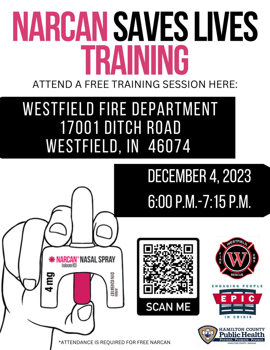 WestfieldFire (@westfieldfire) on Twitter photo Free Narcan Training on Monday, December 4th from 6pm-7:15pm at WFD Headquarters. Please contact Jamie Pristasch at 317-379-5459/jpristasch@westfield.in.gov if you are unable to attend and are in need of Narcan or treatment options. Free Narcan Training on Monday, December 4th from 6pm-7:15pm at WFD Headquarters. Please contact Jamie Pristasch at 317-379-5459/jpristasch@westfield.in.gov if you are unable to attend and are in need of Narcan or treatment options.