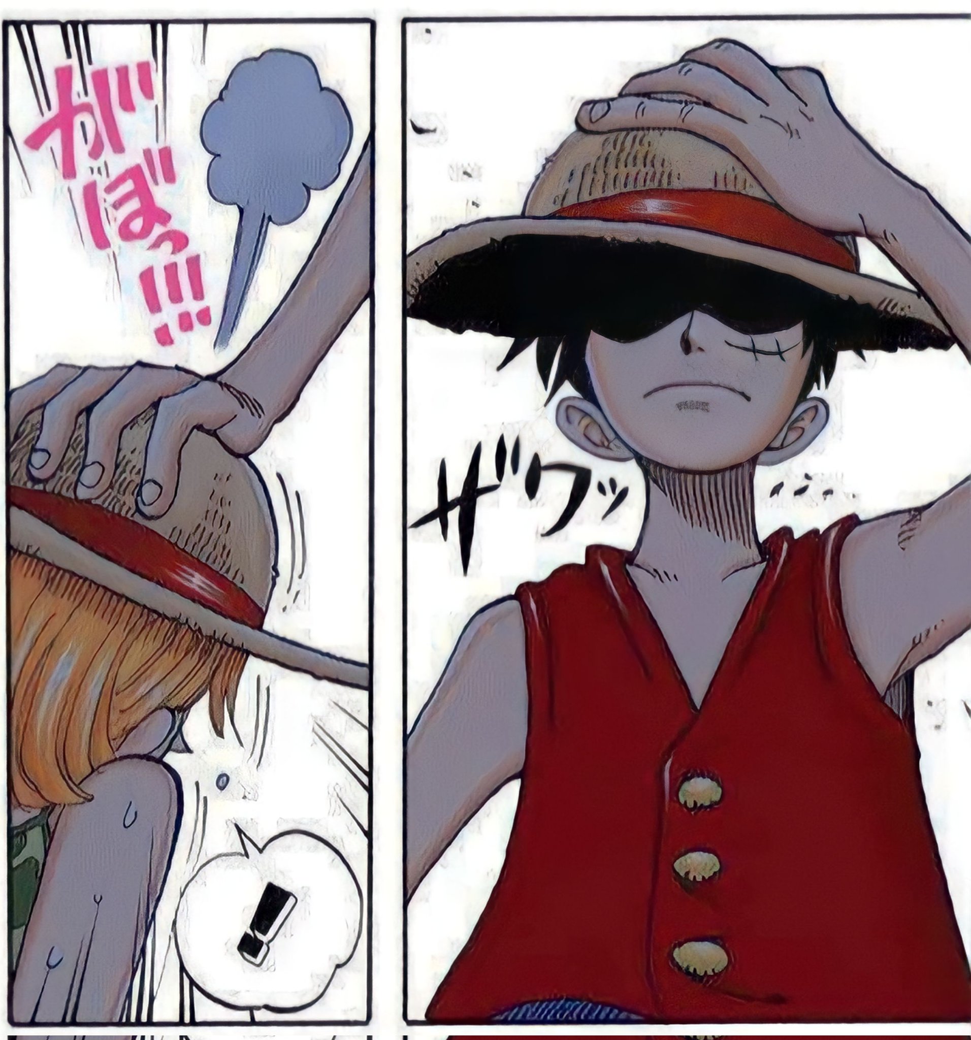 Luffy gives his hat to Nami 