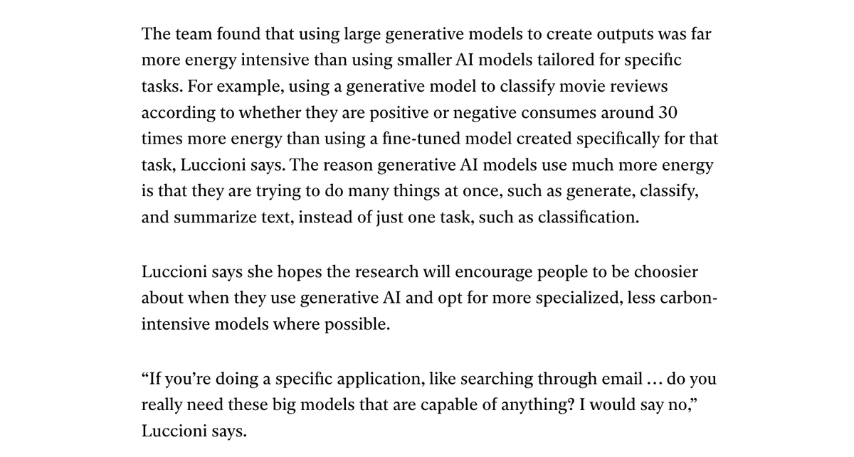 Such a cool and important work from <a href="/SashaMTL/">Sasha Luccioni, PhD 🦋🌎✨🤗</a> <a href="/strubell/">Phil Strubell</a> <a href="/YJernite/">Yacine Jernite</a>! technologyreview.com/2023/12/01/108…