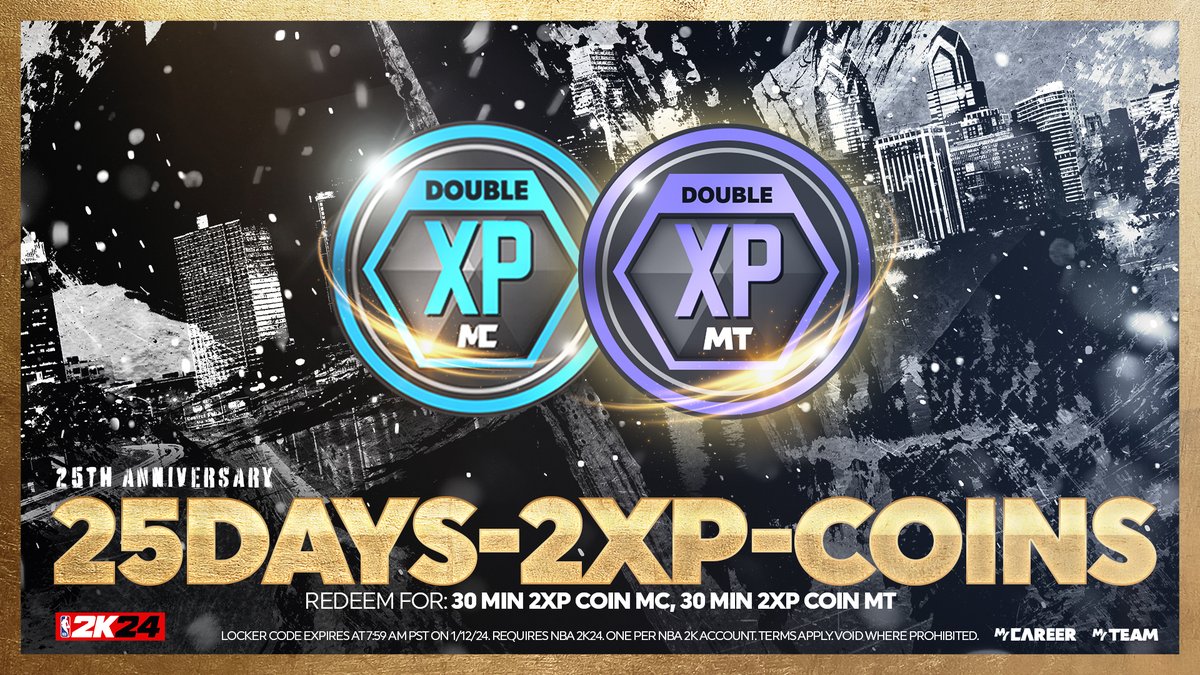 NBA2K24ロッカーコード 『250DAYS-2XP-COINS』 マイチームとマイキャリアの30分XP2倍コインがそれぞれもらえる！  #NBA2K24 #NBA2K24Myteam #NBA2K24LockerCode