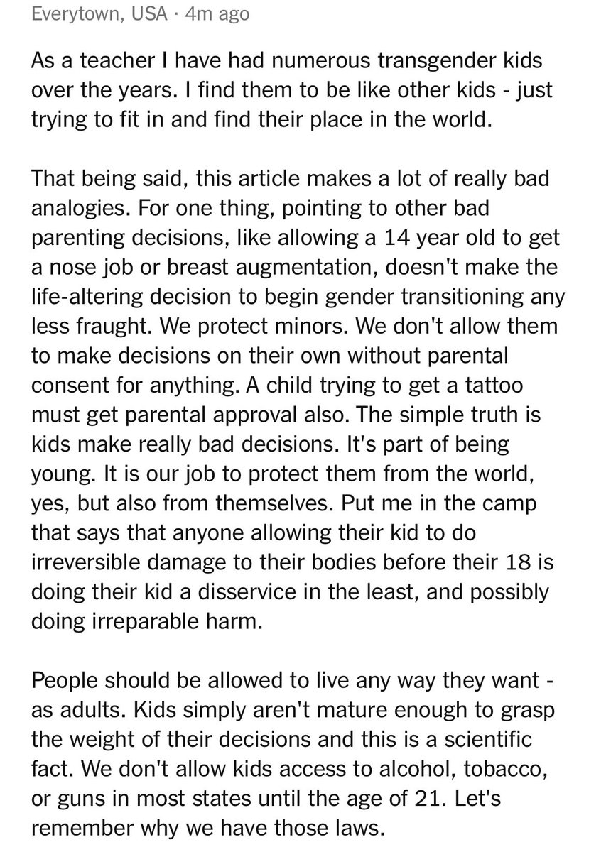 Another day another NYT article on transitioning kids. And again top 4 readers voted on comments demonstrate that even the liberal NYT subscribers get it.