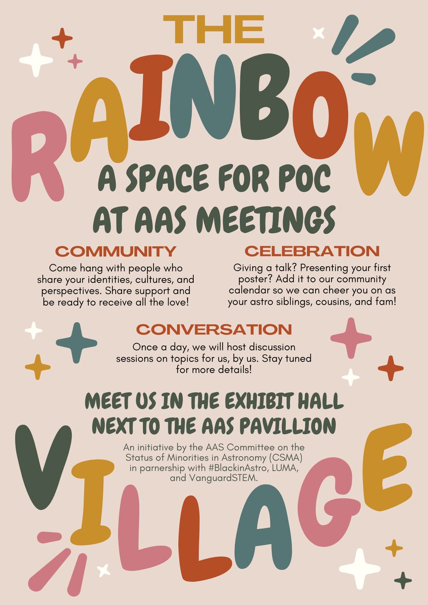 We are excited to announce a new initiative at winter AAS meetings, beginning with #AAS243 in New Orleans: The Rainbow Village! The CSMA has partnered with @BlackInAstro, @lumaMentoring, and @VanguardSTEM to create a furnished booth space by and for people of color at AAS.