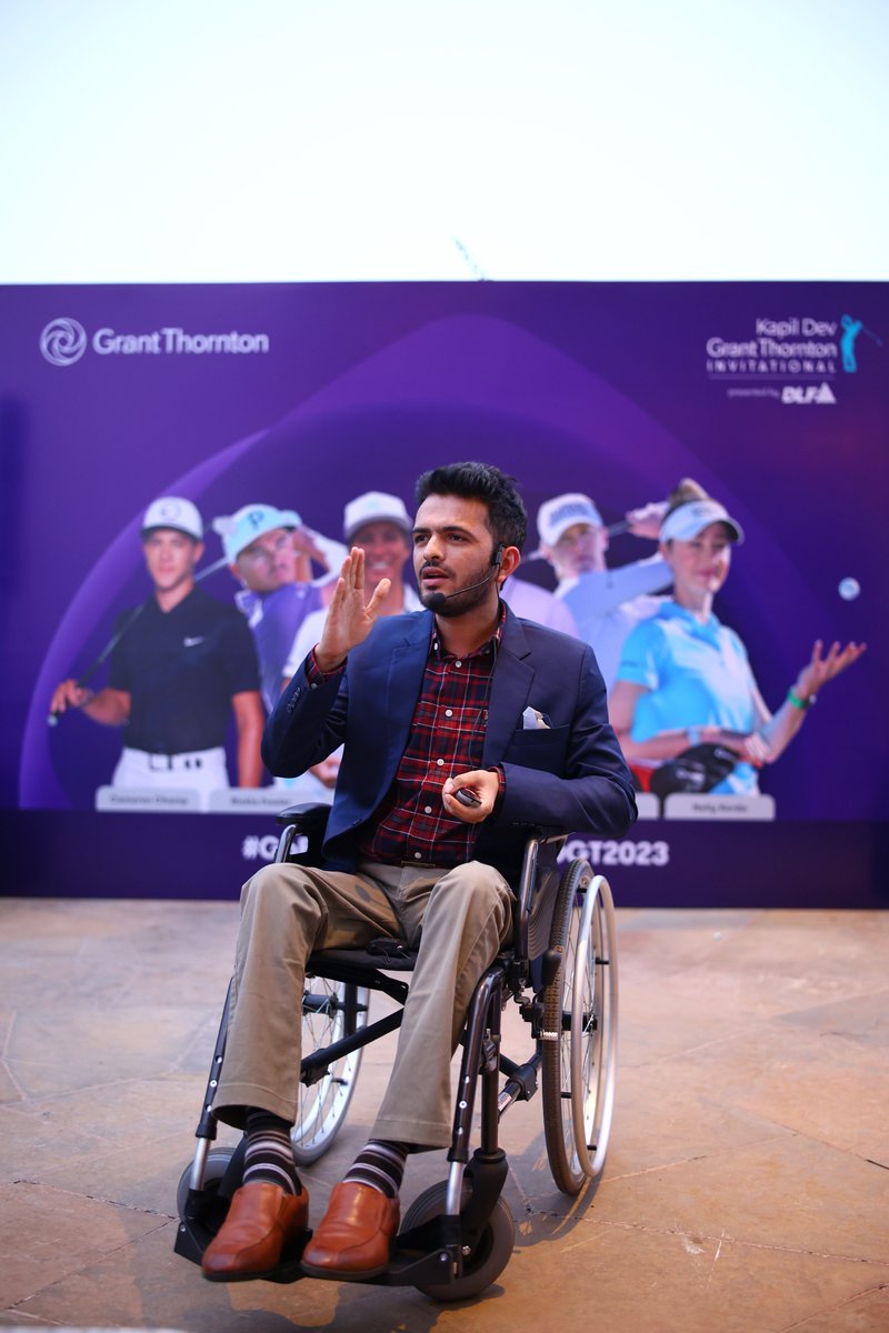 GrantThorntonIN's tweet photo. Prateek Khandelwal,  the driving force behind Ramp My City (RMC), shared his inspiring journey of navigating disability and revealed the genesis of RMC during the #KDGT2023 Invitational tournament. 
#KDGT2023 #GoBeyondForGolf @iPrateek5 https://t.co/GrrCgLfsSM