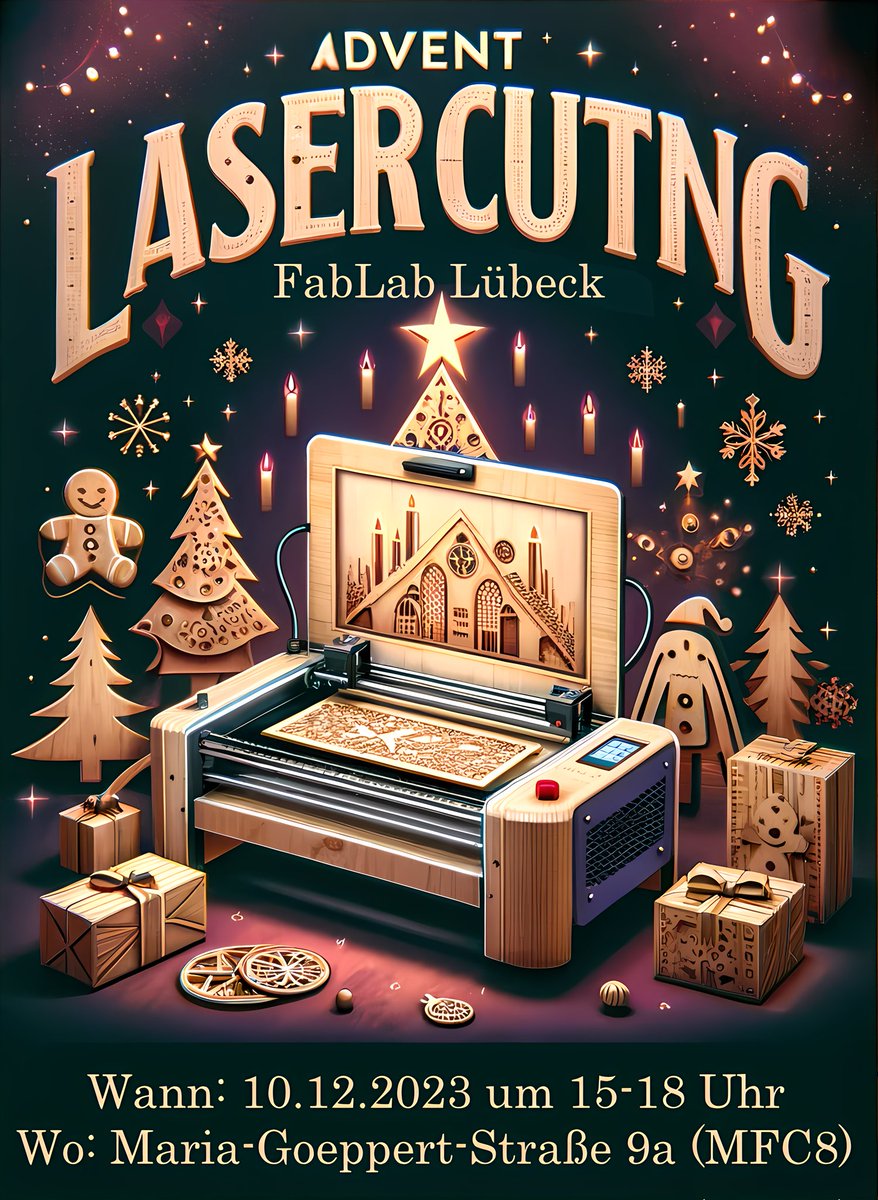 Wie jedes Jahr lassen wir zur Adventszeit unseren Lasercutter glühen.

In gemütlichem Beisammensein basteln wir Weihnachtsschmuck.
Kein Plan wie das geht? Kein Problem! Bring deine Idee mit. Den Rest bringen wir dir bei!
Gestartet wird am 10.12. um 15 Uhr. Komm vorbei 🎄🎅🤶🧑‍🎄
