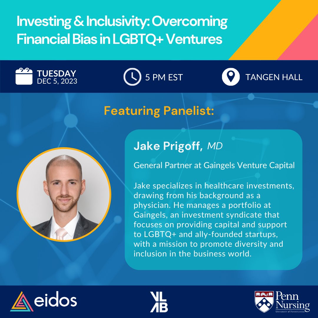 Meet @JakePrigoff, a doctor & healthcare investor with @GaingelsVC, passionately advocating for ventures that enhance LGBTQ+ health. Hear exclusive investor insights from Jake on @PennEidos & @vntrlab's stacked panel of LGBTQ+ business experts next week. pennvlab.com/SE-EIDOS-SD