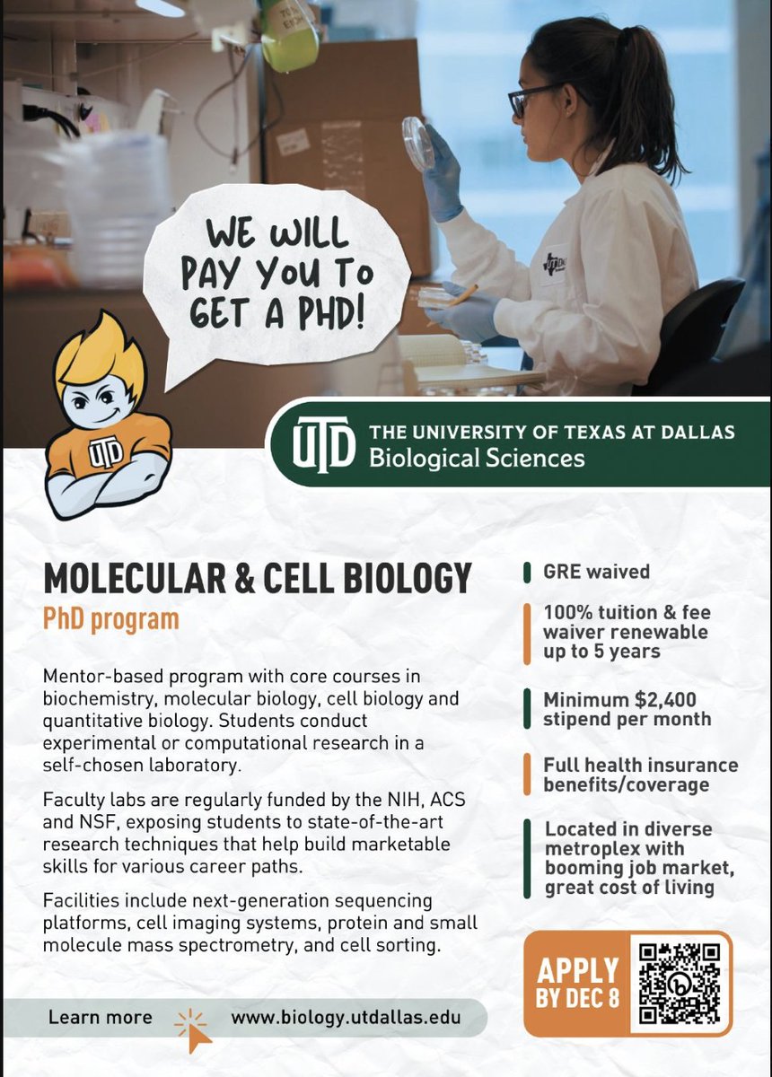 Applying to PhD programs in Molecular & Cell Bio? STILL PLENTY OF TIME! Check us out @UTD_Biology! 📢📣📣Priority deadline-Dec 8th!📣📣📢 Priority deadline apps--considered for special fellowships! Reviewing apps submitted through Jan '24. @UTDScience @UTDResearch @UTDOGE