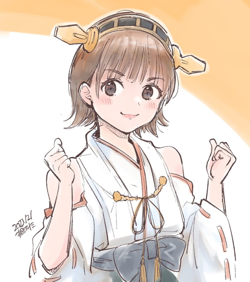hiei (kancolle) 1girl solo short hair brown hair detached sleeves ribbon-trimmed sleeves ribbon trim  illustration images