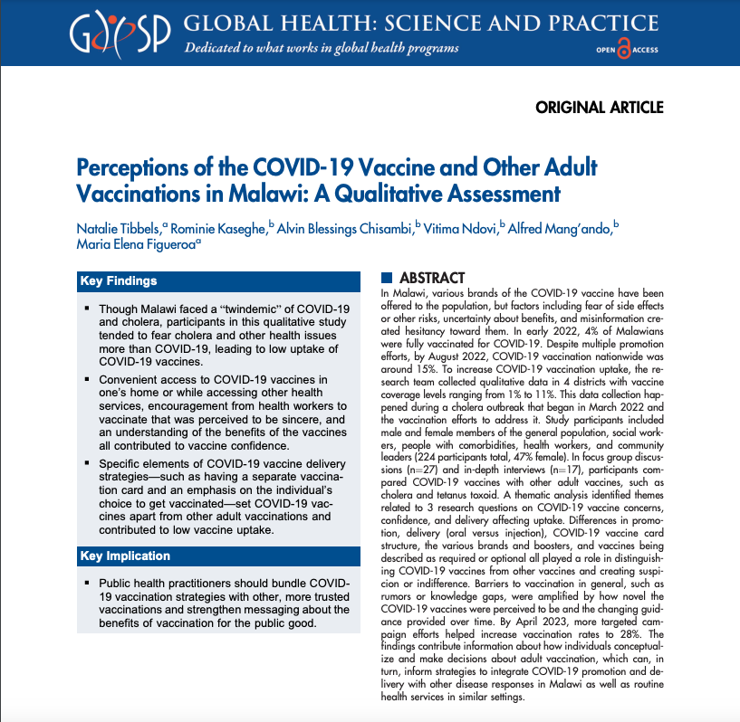 🆕 article: In Malawi, low perceived risk of COVID-19 and fear of the COVID-19 vaccines suggest the utility of integrating COVID-19 vaccine delivery into other health services and using trusted community-based vaccinators who emphasize the public good. tinyurl.com/4de6rvez